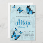 1 DIGITALE JPEG Blue Butterfly Verjaardag Uitnodig Kaart (Voorkant / Achterkant)