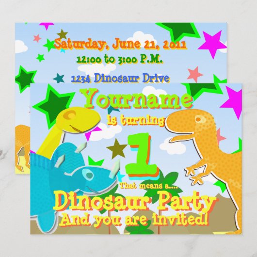 1 dinosaurus Birthday Party nodigt uit Kaart (Voorkant / Achterkant)
