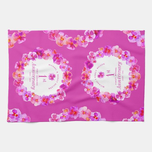 1 ^ e huwelijksfeestdag roze paniekbloem theedoek (Horizontaal)