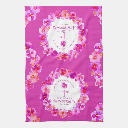 1 ^ e huwelijksfeestdag roze paniekbloem theedoek (Verticaal)