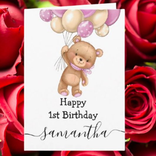 1 e verjaardag roze ballon tedy girl card kaart