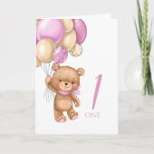 1 e verjaardag schattige roze ballonnen teddycard kaart (Voorkant)