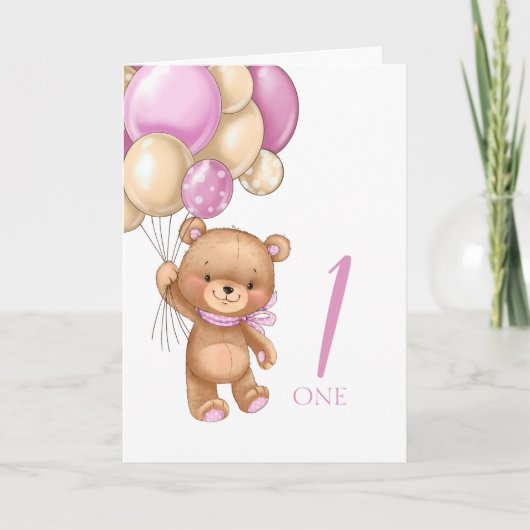 1 e verjaardag schattige roze ballonnen teddycard kaart (Voorkant)