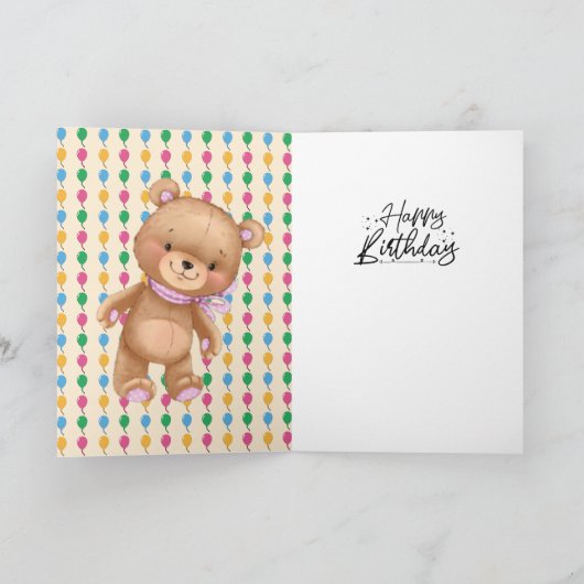 1 e verjaardag schattige roze ballonnen teddycard kaart (Binnen)