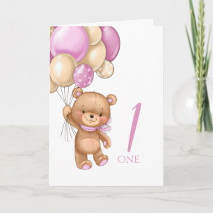 1 e verjaardag schattige roze ballonnen teddycard kaart