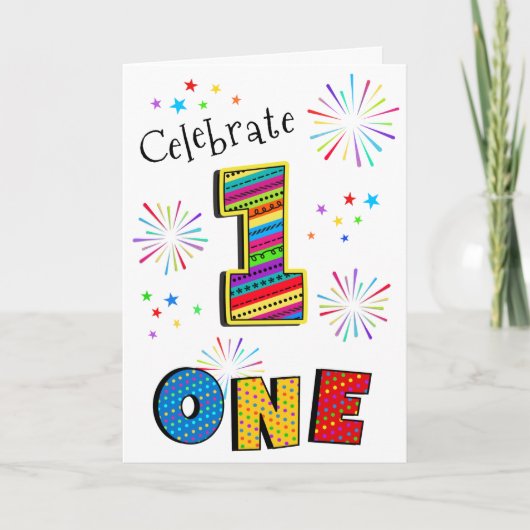 1 Een Eerste GROTE LEUKE Vuurwerk Sterren Gelukkig Kaart (Voorkant)