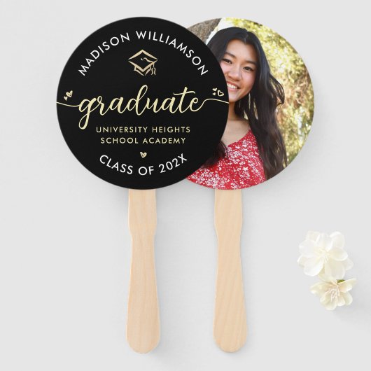 1 Foto Afstuderen Black Gold Script Hearts Pet Handwaaier (Voorkant en achterkant)