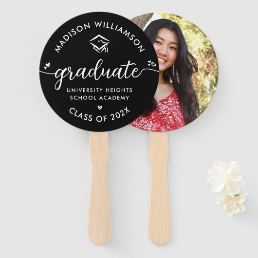 1 Foto Afstuderen Black Modern Script Hearts Pet Handwaaier (Voorkant en achterkant)