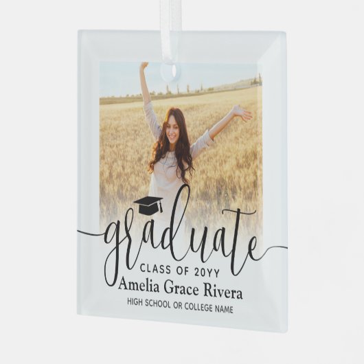 1 Foto Afstuderen Elegant Black Script Class Year Glas Ornament (Voorkant links)