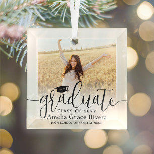 1 Foto Afstuderen Elegant Black Script Class Year Glas Ornament