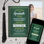 1 Foto Afstuderen Elegant Green & Gold Yellow Save The Date<br><div class="desc">Deel het vreugdevolle nieuws van een aanstaande afstudeerfeest met aangepaste foto groen en goud opslaan van de datum uitnodigingen. Het afbeelding en de formulering van deze sjabloon zijn eenvoudig te personaliseren met afstuderen naam, klasjaar en andere aankondigingsdetails van uw keuze. Het ontwerp is voorzien van een stijlvolle rand, stijlvolle kalligrafie,...</div>