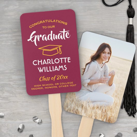 1 Foto Afstuderen Elegant Karmozijnrood Goud Geel Handwaaier