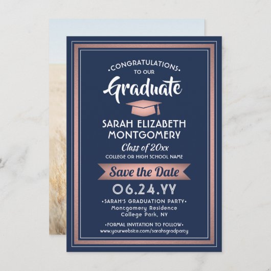 1 Foto Afstuderen Elegant Navy blauw en roze Save The Date (Voorkant / Achterkant)