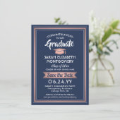 1 Foto Afstuderen Elegant Navy blauw en roze Save The Date (Staand voorkant)