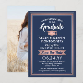 1 Foto Afstuderen Elegant Navy blauw en roze Save The Date