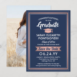 1 Foto Afstuderen Elegant Navy blauw en roze Save The Date