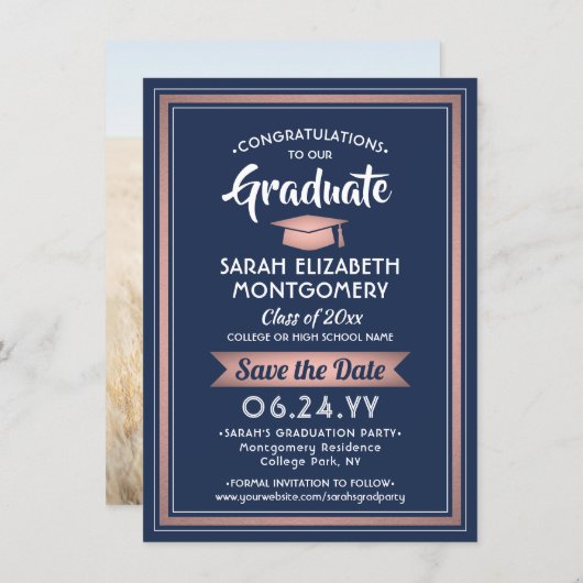 1 Foto Afstuderen Elegant Navy blauw en roze Save The Date (Voorkant / Achterkant)