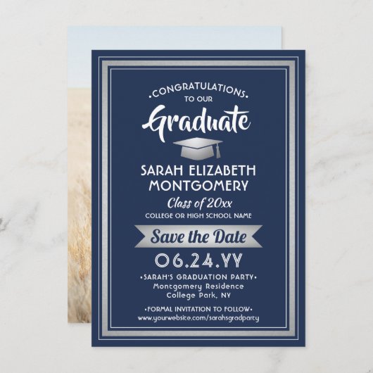 1 Foto Afstuderen Elegant Navy Blauw en Wit Save The Date (Voorkant / Achterkant)
