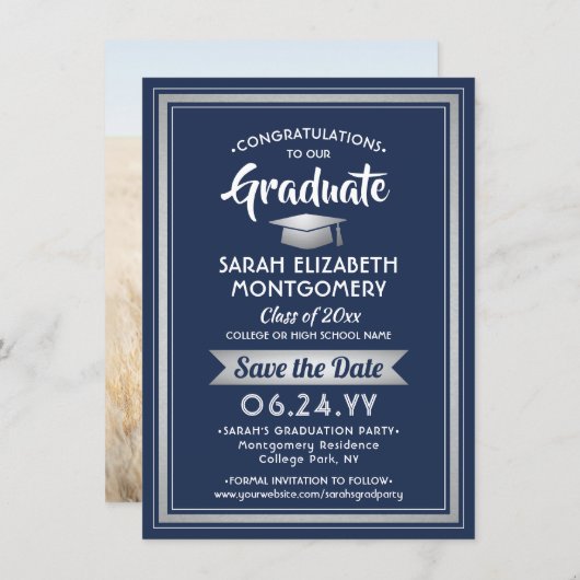 1 Foto Afstuderen Elegant Navy Blauw en Wit Save The Date (Voorkant / Achterkant)