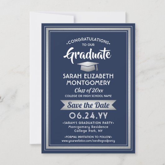 1 Foto Afstuderen Elegant Navy Blauw en Wit Save The Date (Voorkant)