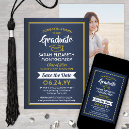 1 Foto Afstuderen Elegant Navy Blue & Gold Yellow Save The Date