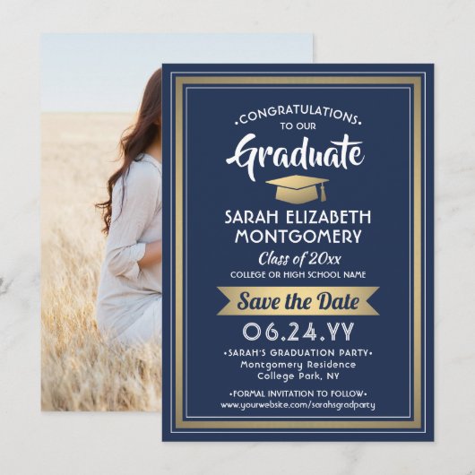 1 Foto Afstuderen Elegant Navy Blue White & Gold Save The Date (Voorkant / Achterkant)