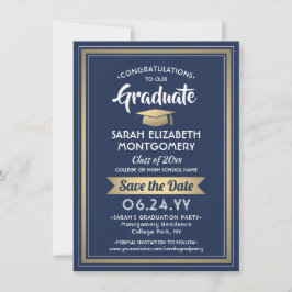 1 Foto Afstuderen Elegant Navy Blue White & Gold Save The Date