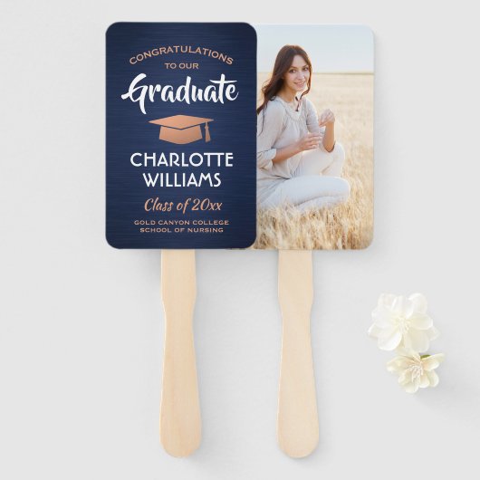 1 Foto Afstuderen geborsteld marineblauw wit koper Handwaaier (Voorkant en achterkant)