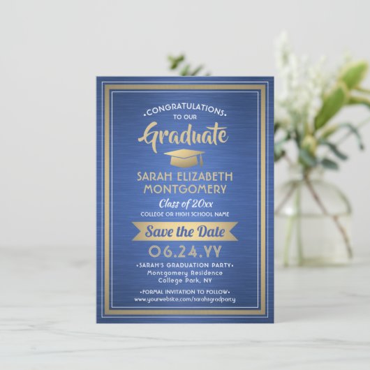 1 Foto Afstuderen geborsteld Royal Blue en Gold Save The Date (Staand voorkant)