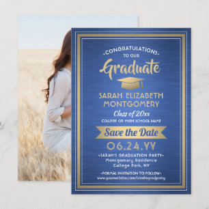1 Foto Afstuderen geborsteld Royal Blue en Gold Save The Date
