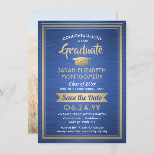 1 Foto Afstuderen geborsteld Royal Blue en Gold Save The Date (Voorkant / Achterkant)