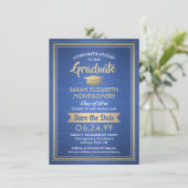 1 Foto Afstuderen geborsteld Royal Blue en Gold Save The Date (Staand voorkant)