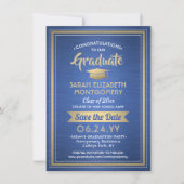 1 Foto Afstuderen geborsteld Royal Blue en Gold Save The Date (Voorkant)