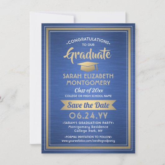 1 Foto Afstuderen geborsteld Royal Blue en Gold Save The Date (Voorkant)