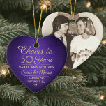 1 Foto ALLE Jubileum Cheers Paars & Gold Heart Keramisch Ornament<br><div class="desc">Cheers en gelukkig Jubileum! Viel elk jaar een huwelijksdag met een speciaal paars en gouden hartvormig keramisch ornament. Afbeelding, aantal jaren, de naam van een paar en de huwelijksdatum op deze sjabloon zijn allemaal eenvoudig te personaliseren. Het ontwerp kenmerkt een paarse faux geborsteld metallische achtergrond, kunstdecostijltypografie, elegante manuscriptkalligrafie, en één...</div>