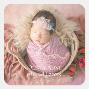 1 Foto Baby Geboorteaankondiging Witte Typografie Vierkante Sticker