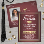 1 Foto Bourgogne en Gold Afstuderen Save the Date Aankondigingskaart<br><div class="desc">Deel het vrolijke nieuws over uw aanstaande afstudeerpartij en een favoriet afbeelding met deze elegante bruine en faux goudfolie, met uitzondering van de datumuitnodigingen voor het briefkaart. De foto en al tekst zijn eenvoudig aan te passen. (AFBEELDING PLACEMENT TIP: Een gemakkelijke manier om een foto precies te centreren hoe u...</div>