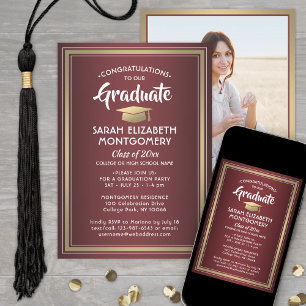 1 Foto Elegant Burgundy Red en Gold Afstuderen Kaart