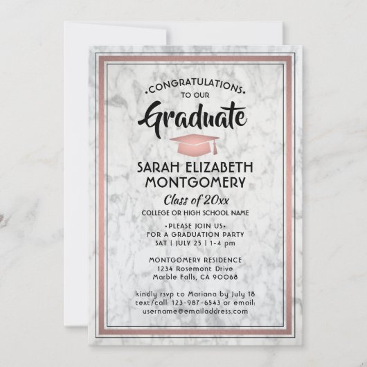 1 Foto Elegant Marble & Roze Rose Gold Afstuderen Kaart (Voorkant)