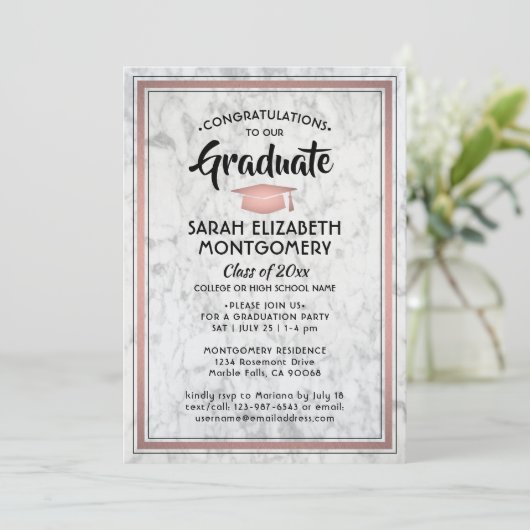 1 Foto Elegant Marble & Roze Rose Gold Afstuderen Kaart (Staand voorkant)