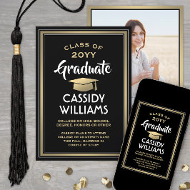 1 Foto Elegant Modern Black Gold White Afstuderen Aankondiging