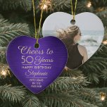 1 Foto ELKE Verjaardag geborsteld Paarse en gouden Keramisch Ornament<br><div class="desc">Proost en we zijn jarig! Vier een vreugdevolle mijlpaal met een aangepaste foto hartvormige paarse en gouden keramische ornament. Alle formuleringen op deze sjabloon (inclusief "Proost voor 50 jaar") zijn opgesteld voor een 50ste verjaardag, maar zijn eenvoudig te personaliseren voor elk jaar of type evenement. Design beschikt over een paarse...</div>
