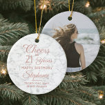 1 foto ELKE verjaardag roze wit faux marmer ronde Keramisch Ornament<br><div class="desc">Proost en we zijn jarig! Vier een vreugdevolle mijlpaal voor haar met een aangepaste foto faux marmer ronde keramische ornament. Alle bewoordingen van deze sjabloon (inclusief "Proost 21 jaar") zijn ingesteld voor een 21e verjaardag, maar zijn eenvoudig te personaliseren voor elk jaar of type evenement. Het roze en witte ontwerp...</div>