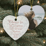 1 foto ELKE verjaardag roze wit faux marmeren hart Keramisch Ornament<br><div class="desc">Proost en we zijn jarig! Vier een vreugdevolle mijlpaal voor haar met een aangepaste foto hartvormige faux marmer keramiek ornament. Alle formuleringen op deze sjabloon (inclusief "Proost voor 50 jaar") zijn opgesteld voor een 50ste verjaardag, maar zijn eenvoudig te personaliseren voor elk jaar of type evenement. Het roze en witte...</div>