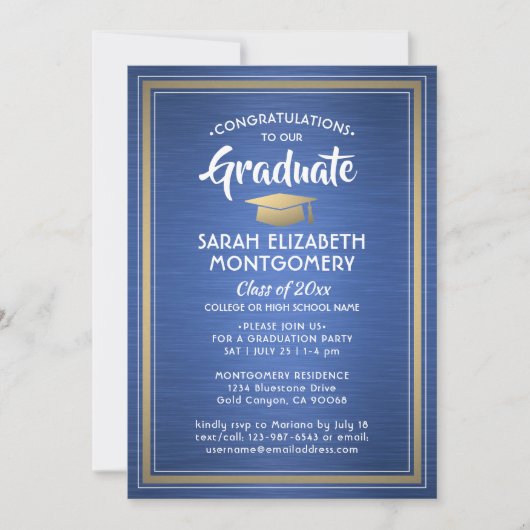 1 Foto geborsteld Royal Blue en Gold Afstuderen Kaart (Voorkant)