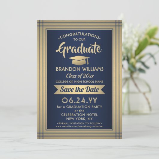 1 Foto Gefeliciteerd Afstuderen Navy Blue & Gold Save The Date (Staand voorkant)