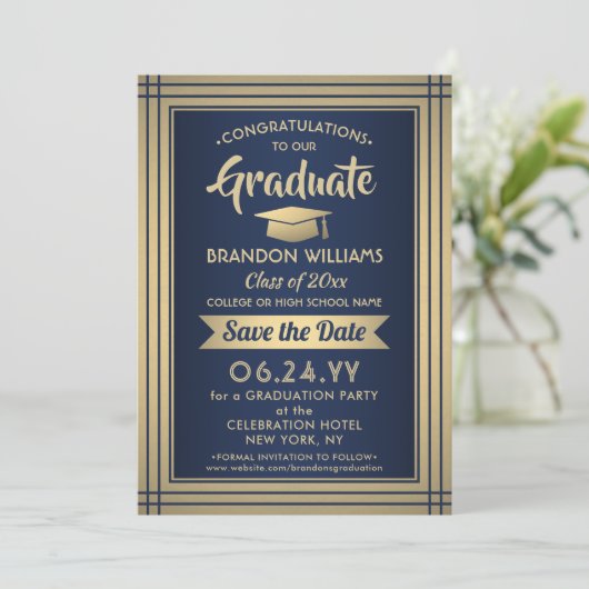 1 Foto Gefeliciteerd Afstuderen Navy Blue & Gold Save The Date (Staand voorkant)
