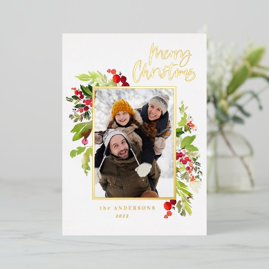 1 foto groen gebladerte kerst folie feestdagenkaart (Staand Voorkant)