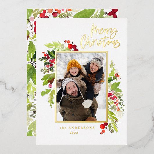 1 foto groen gebladerte kerst folie feestdagenkaart (Voorkant / Achterkant)
