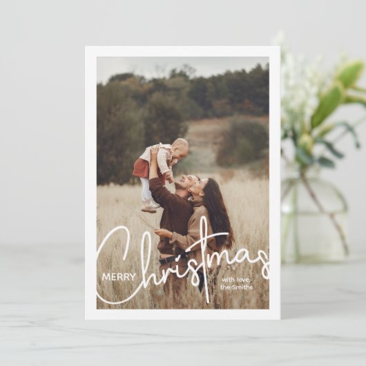 1 Foto Handgeschreven Script Vrolijk Kerstfeest Feestdagenkaart (Staand voorkant)